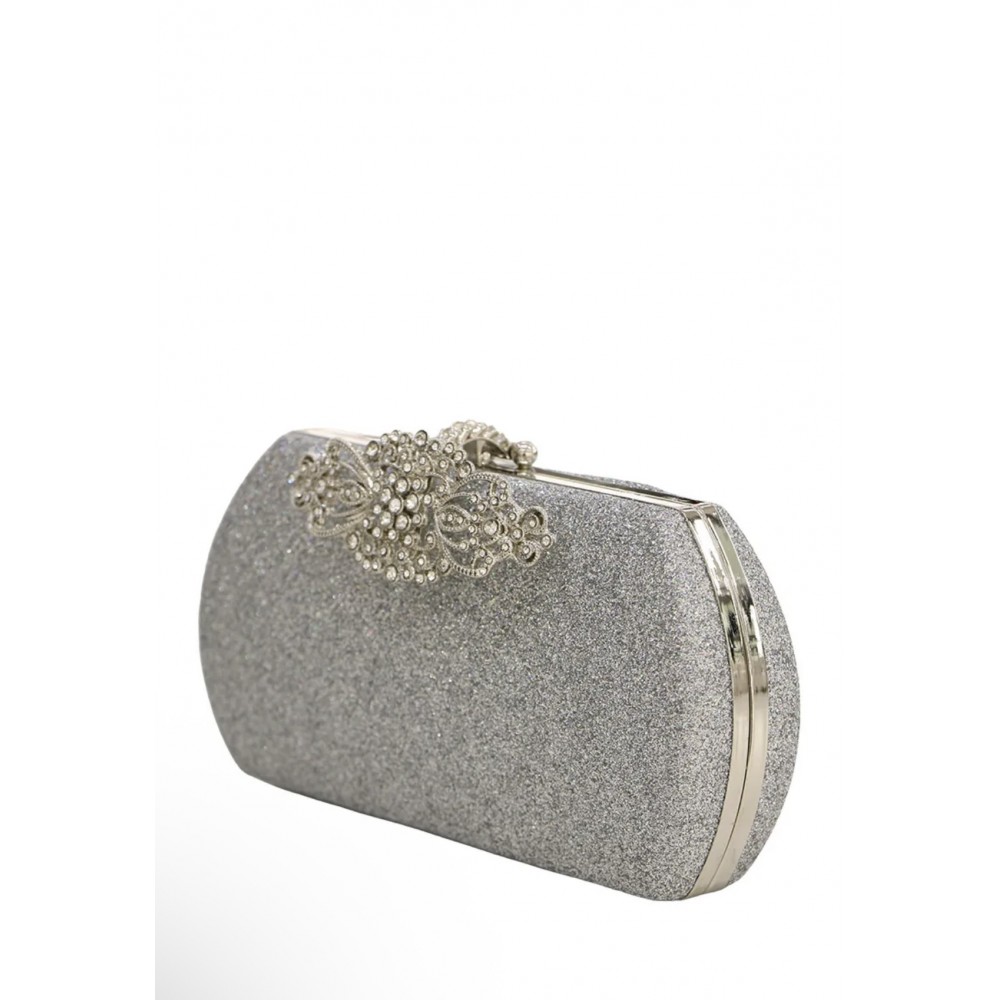 Silver compact clutch bag with decorative clasp