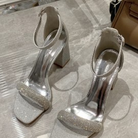 Dress sandal, silver sandal with ankle strap and block heel