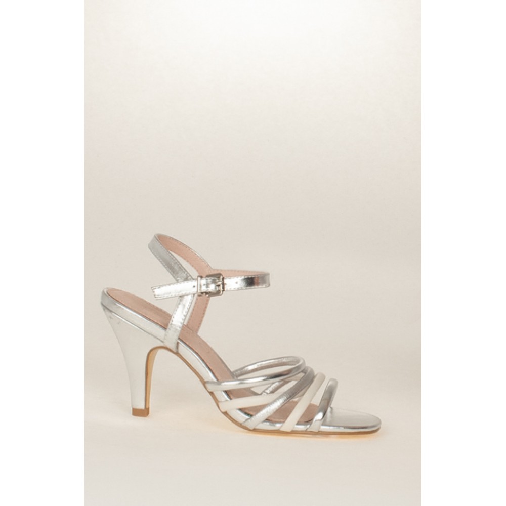 Dressy silver high heel sandal.