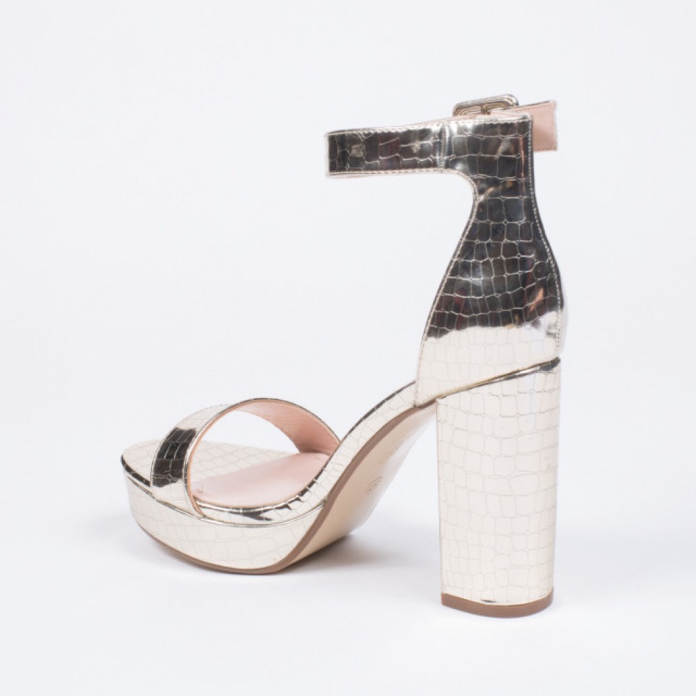 Sandal, gold platform block heel barely 