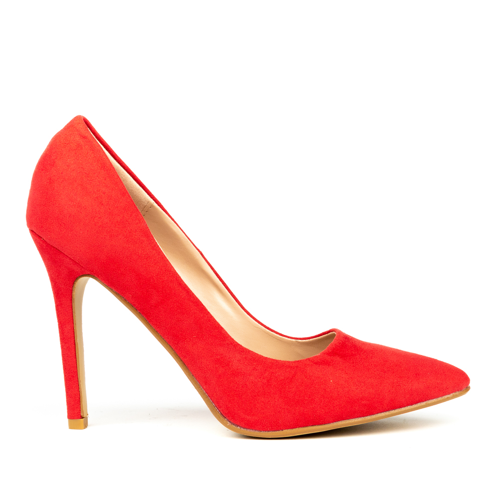 Court shoe, red suedette pointed toe stilette