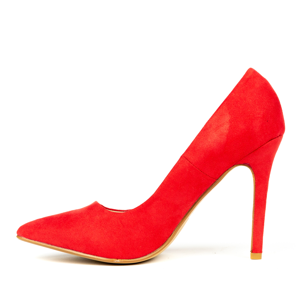 Court shoe, red suedette pointed toe stilette