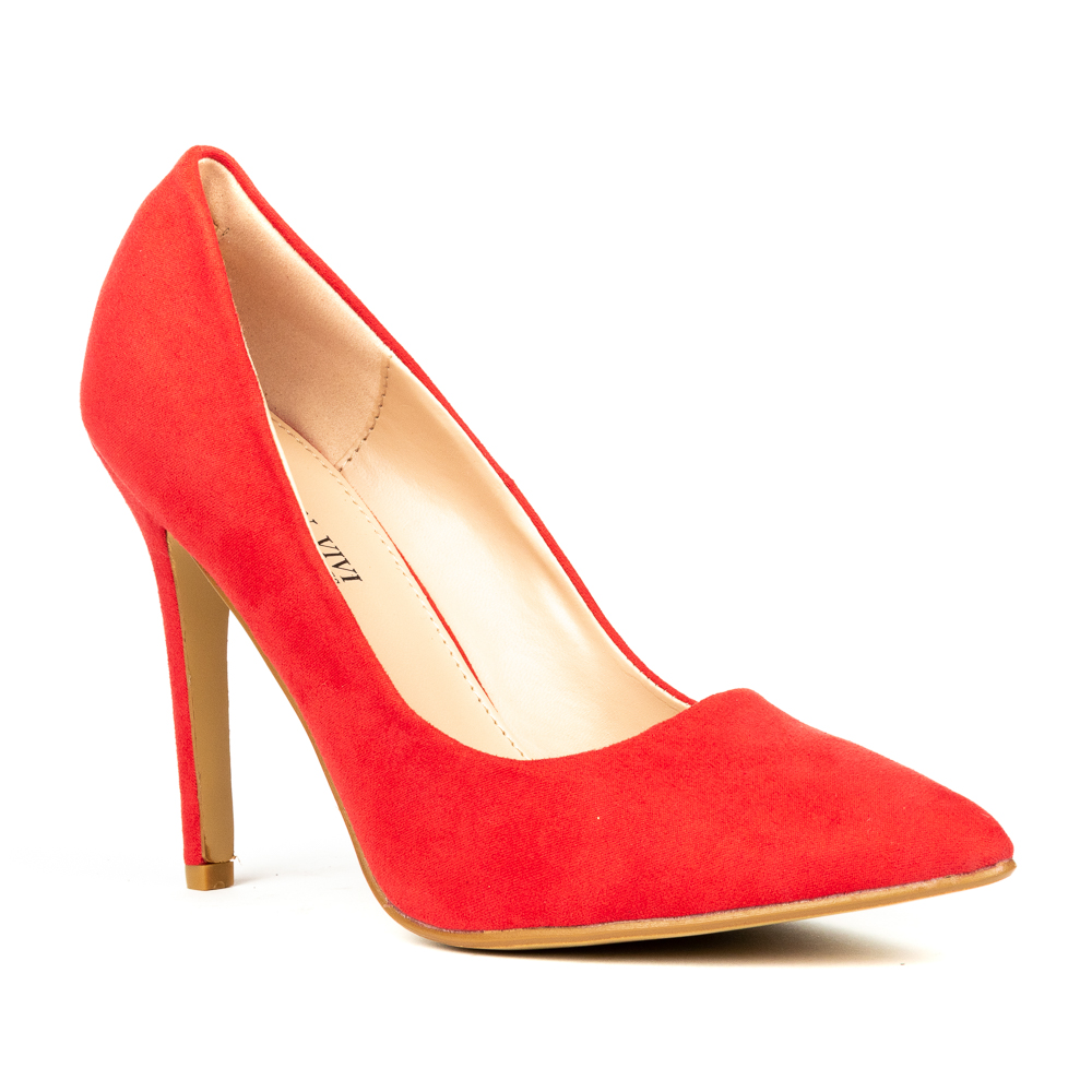 Court shoe, red suedette pointed toe stilette