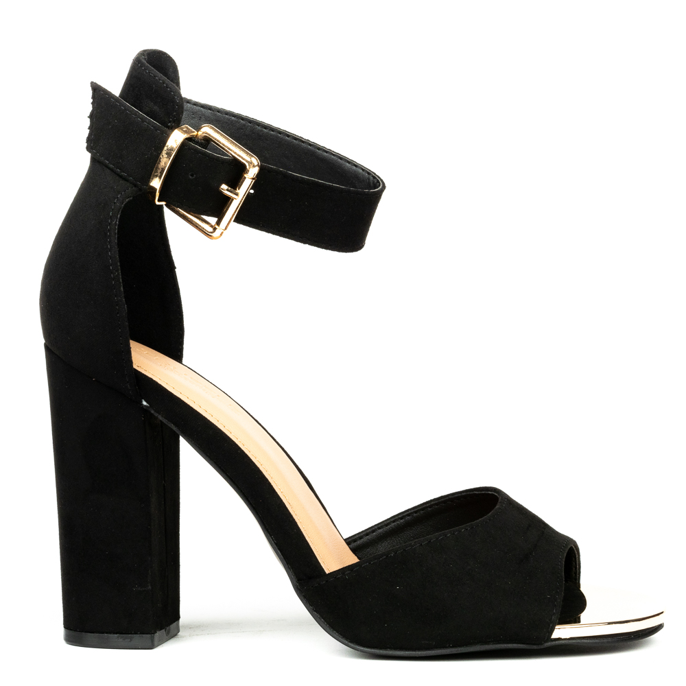 Sandal, high black suede block heel 'barely there' sandal.