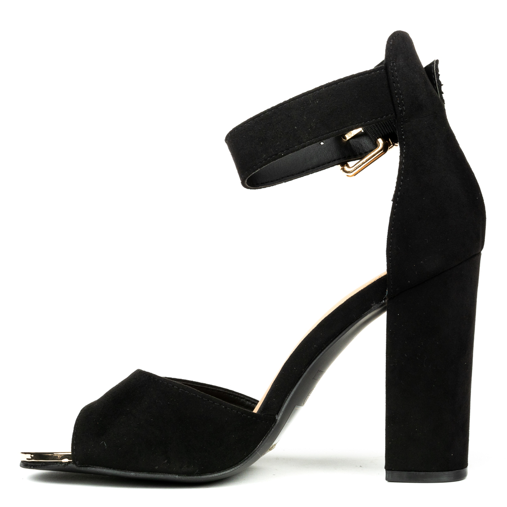 Sandal, high black suede block heel 'barely there' sandal.