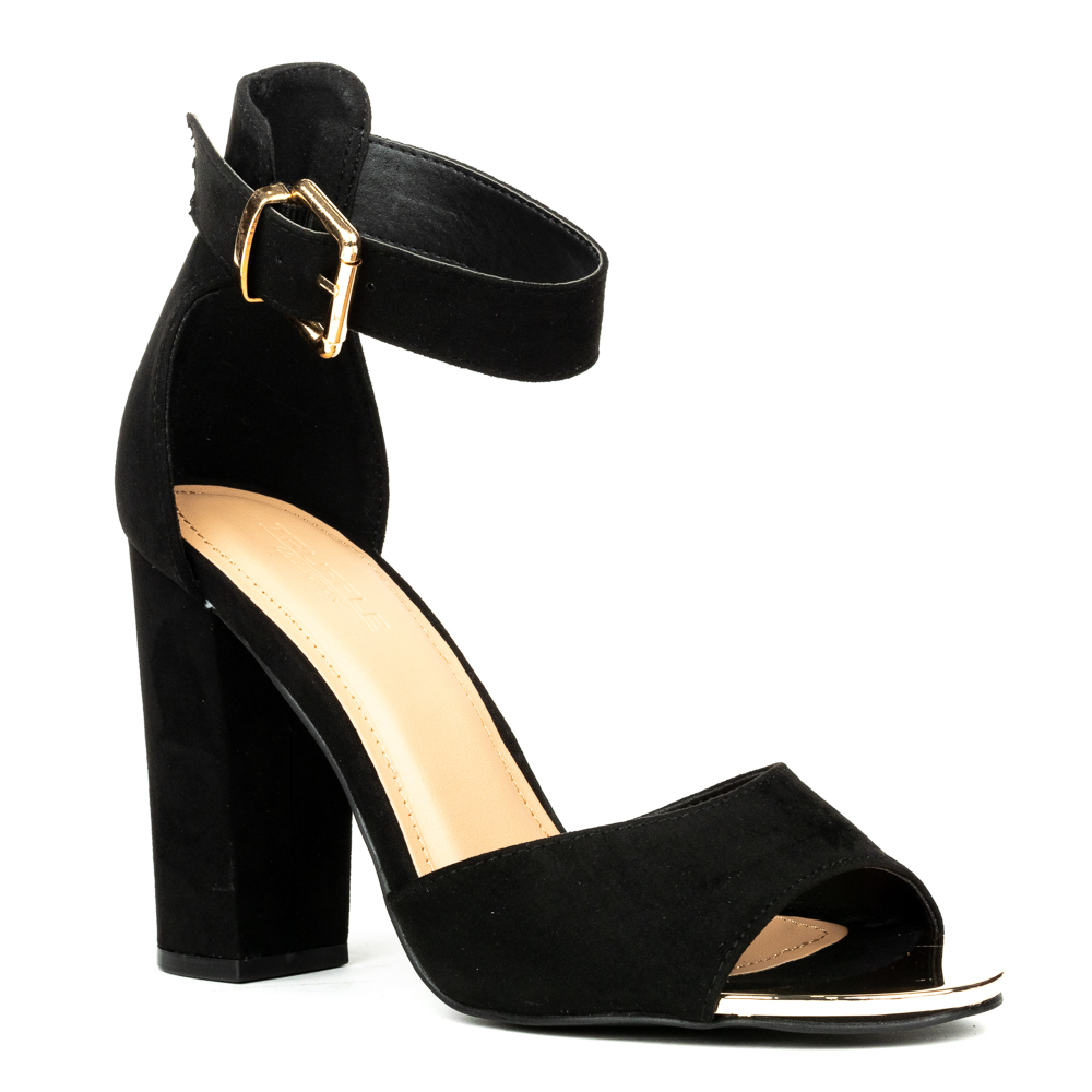 Sandal, high black suede block heel 'barely there' sandal.