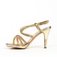 Sandal, high gold strappy sandal with a slight platform.