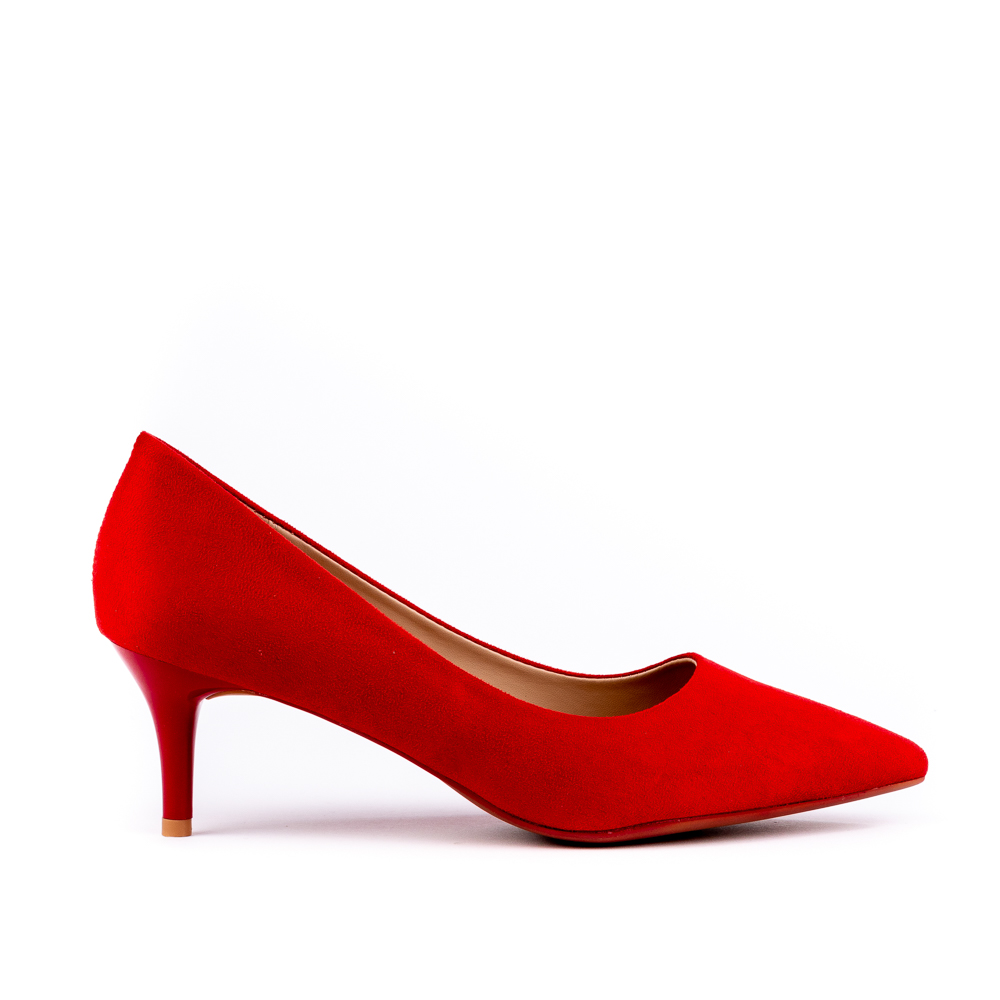 Court Shoe, red suedette kitten heel shoe with pointed toe.