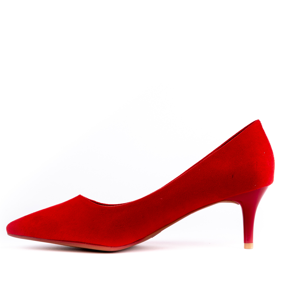 Court Shoe, red suedette kitten heel shoe with pointed toe.