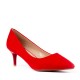 Court Shoe, red suedette kitten heel shoe with pointed toe.